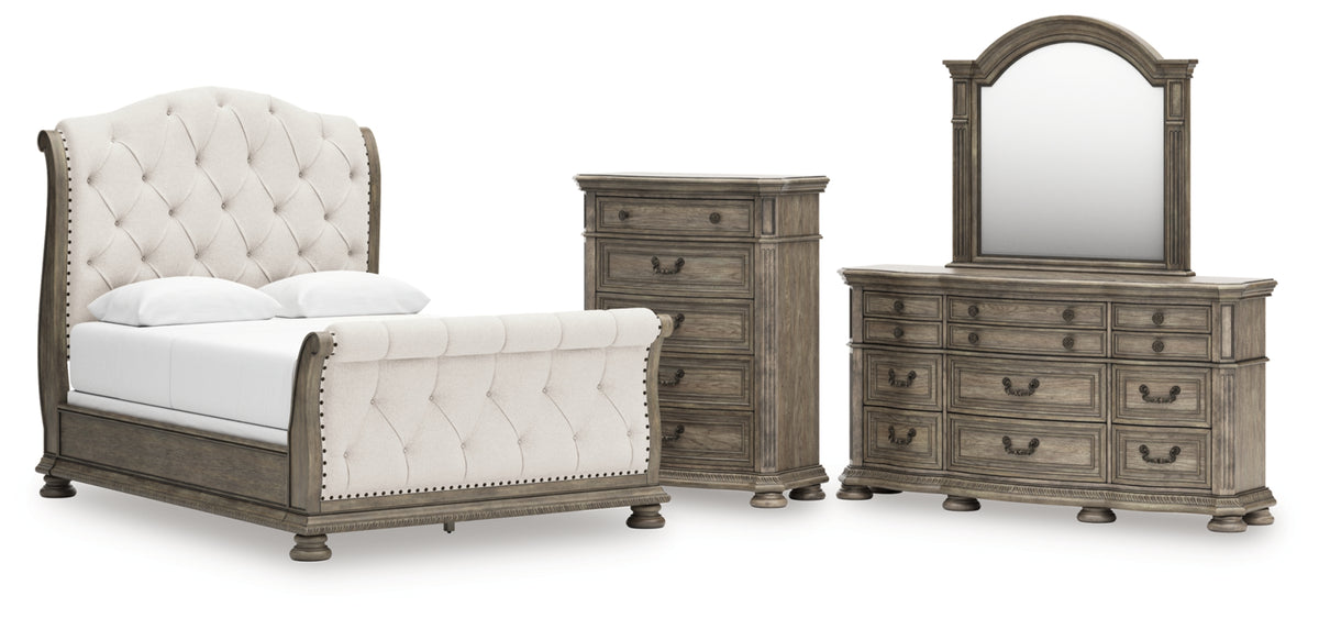 Ardenfield Queen Upholstered Sleigh Bed, Dresser, Mirror and Chest