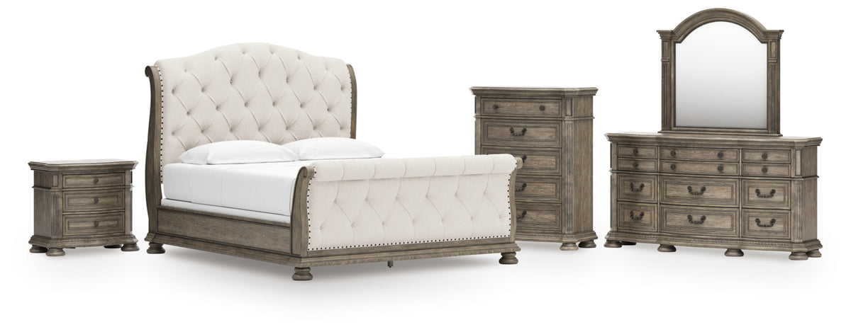 Ardenfield California King Upholstered Sleigh Bed, Dresser, Mirror, Chest and Nightstand
