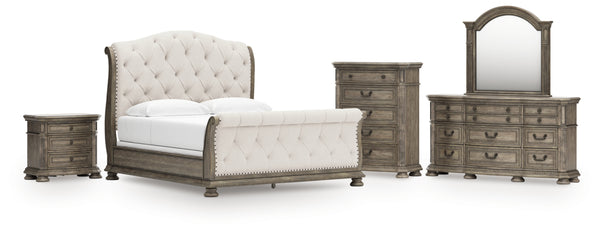 Ardenfield King Upholstered Sleigh Bed, Dresser, Mirror, Chest and Nightstand