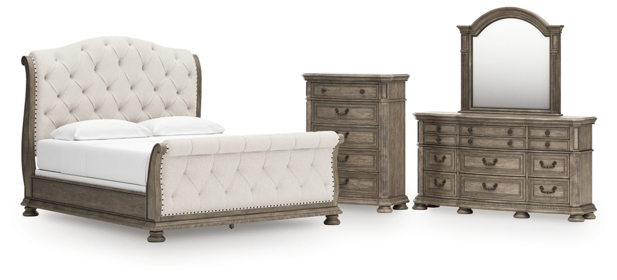 Ardenfield California King Upholstered Sleigh Bed, Dresser, Mirror and Chest