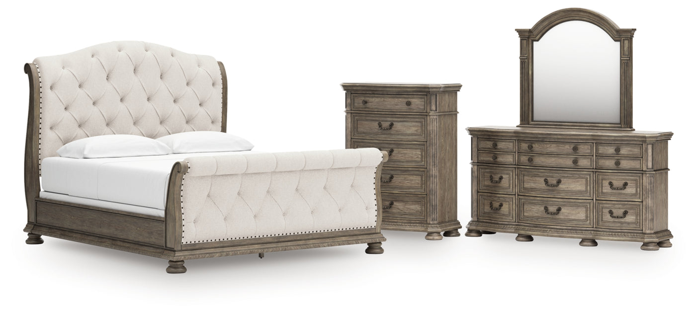Ardenfield California King Upholstered Sleigh Bed, Dresser, Mirror and Chest
