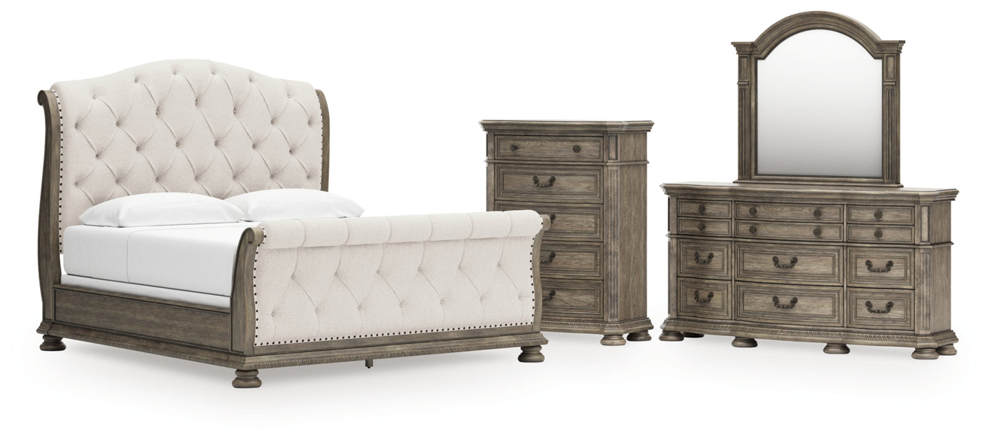 Ardenfield King Upholstered Sleigh Bed, Dresser, Mirror and Chest