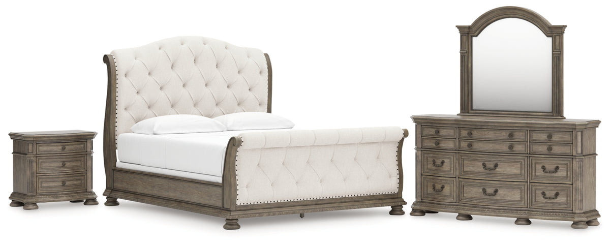Ardenfield California King Upholstered Sleigh Bed, Dresser, Mirror and Nightstand