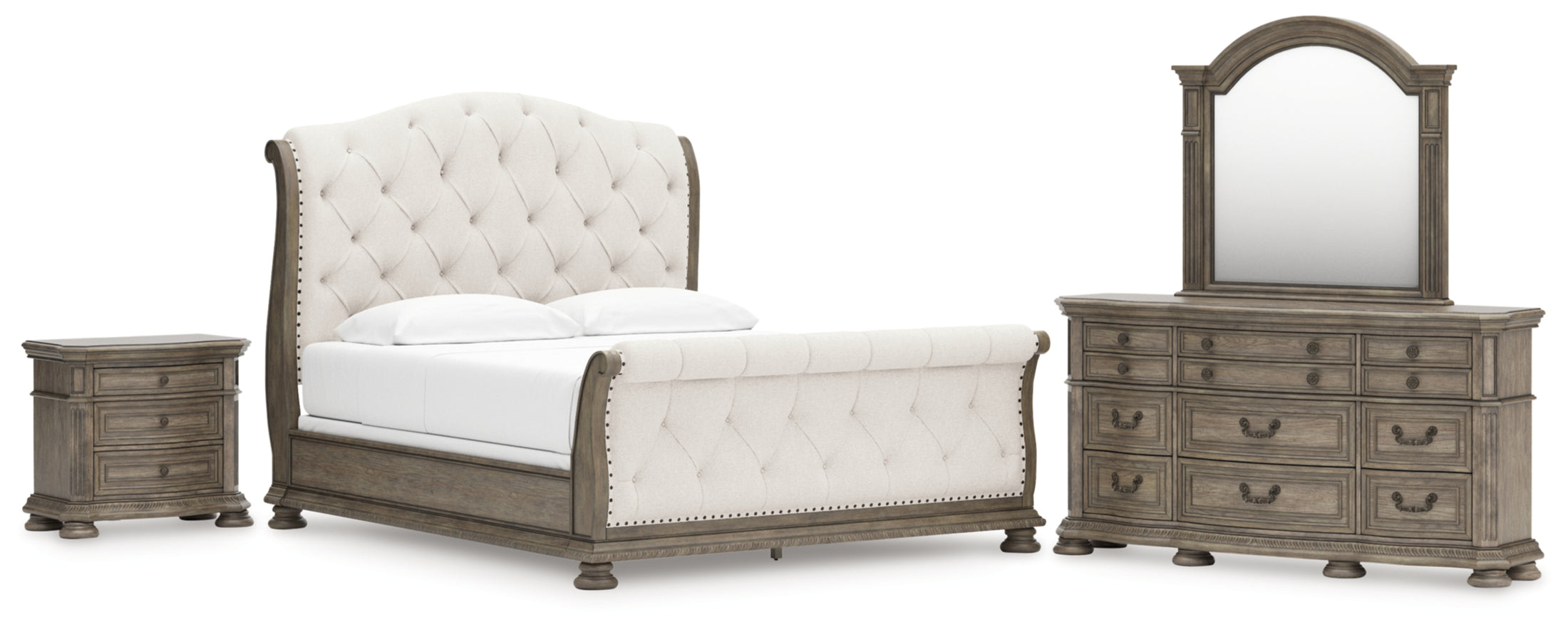 Ardenfield California King Upholstered Sleigh Bed, Dresser, Mirror and Nightstand