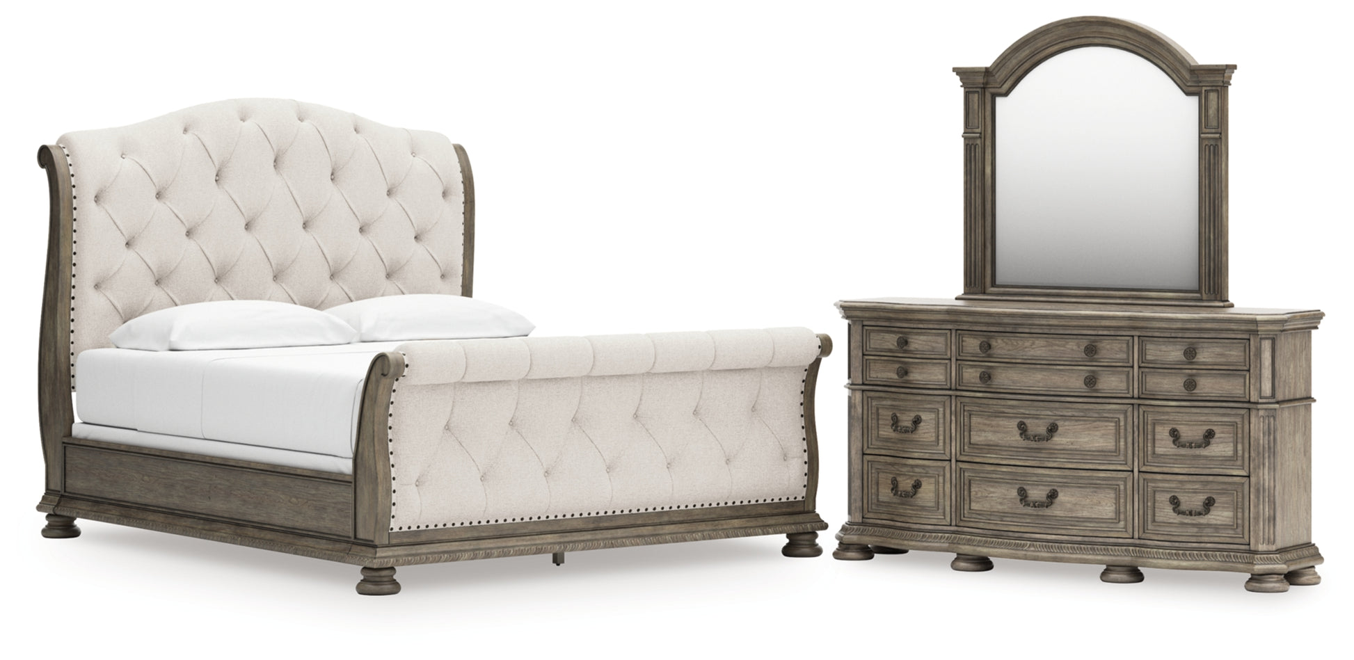 Ardenfield California King Upholstered Sleigh Bed, Dresser and Mirror