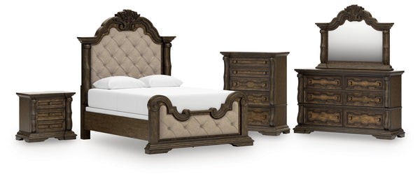 Maylee Queen Upholstered Bed, Dresser, Mirror, Chest and Nightstand