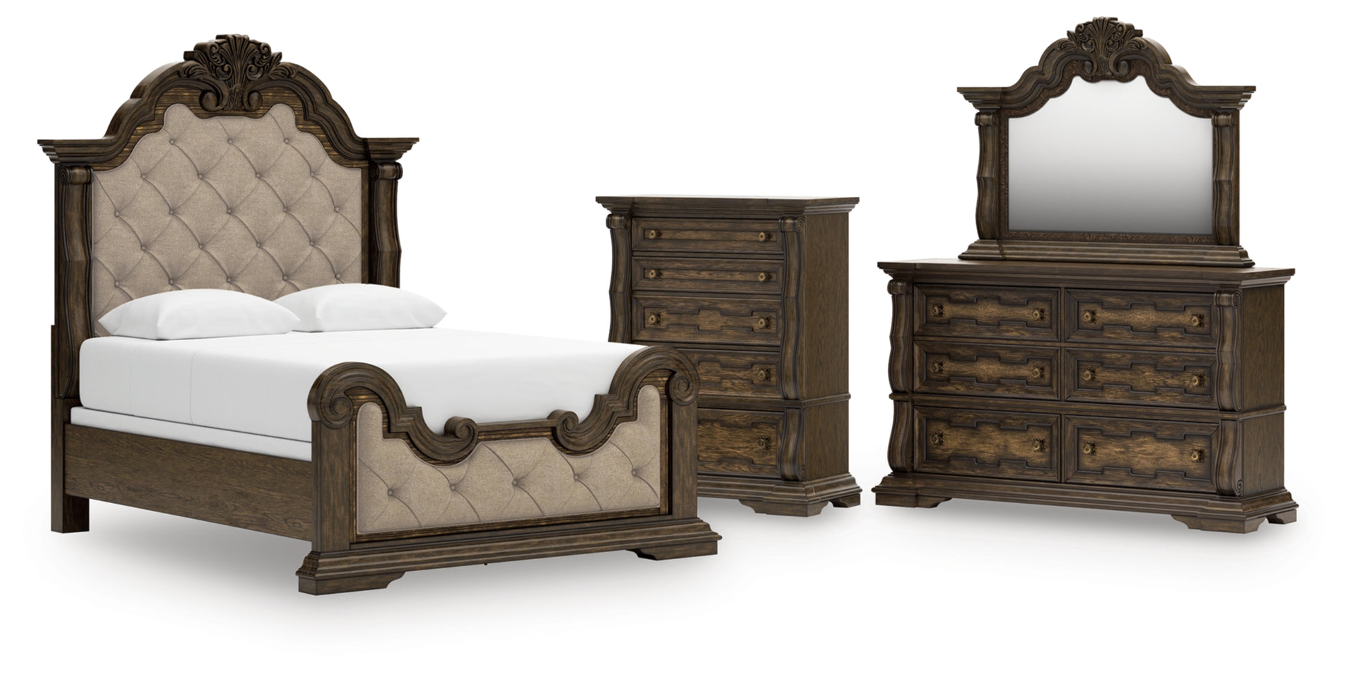 Maylee Queen Upholstered Bed, Dresser, Mirror and Chest