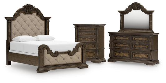 Maylee Queen Upholstered Bed, Dresser, Mirror and Chest