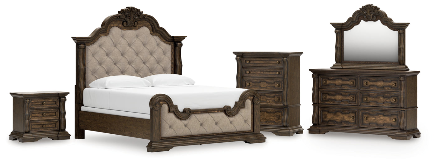 Maylee King Upholstered Bed, Dresser, Mirror, Chest and Nightstand