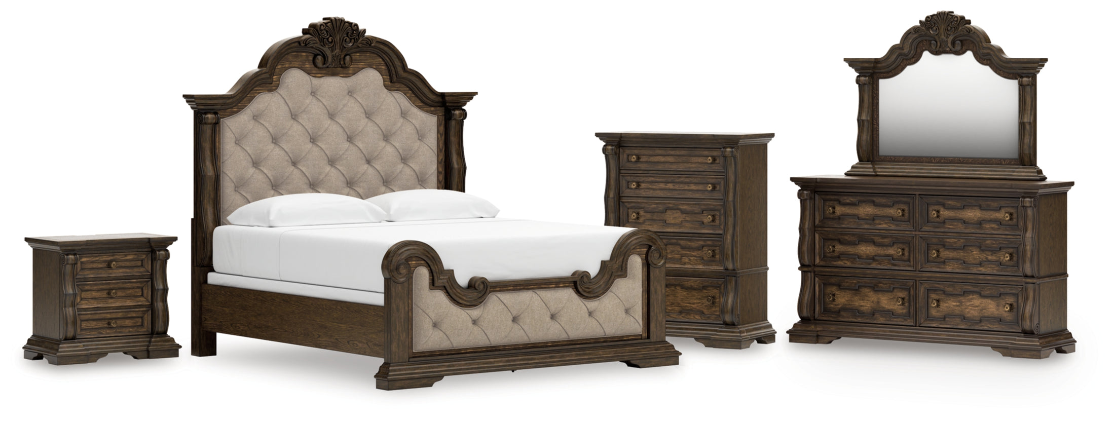 Maylee King Upholstered Bed, Dresser, Mirror, Chest and Nightstand