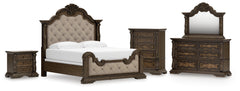 Maylee King Upholstered Bed, Dresser, Mirror, Chest and Nightstand