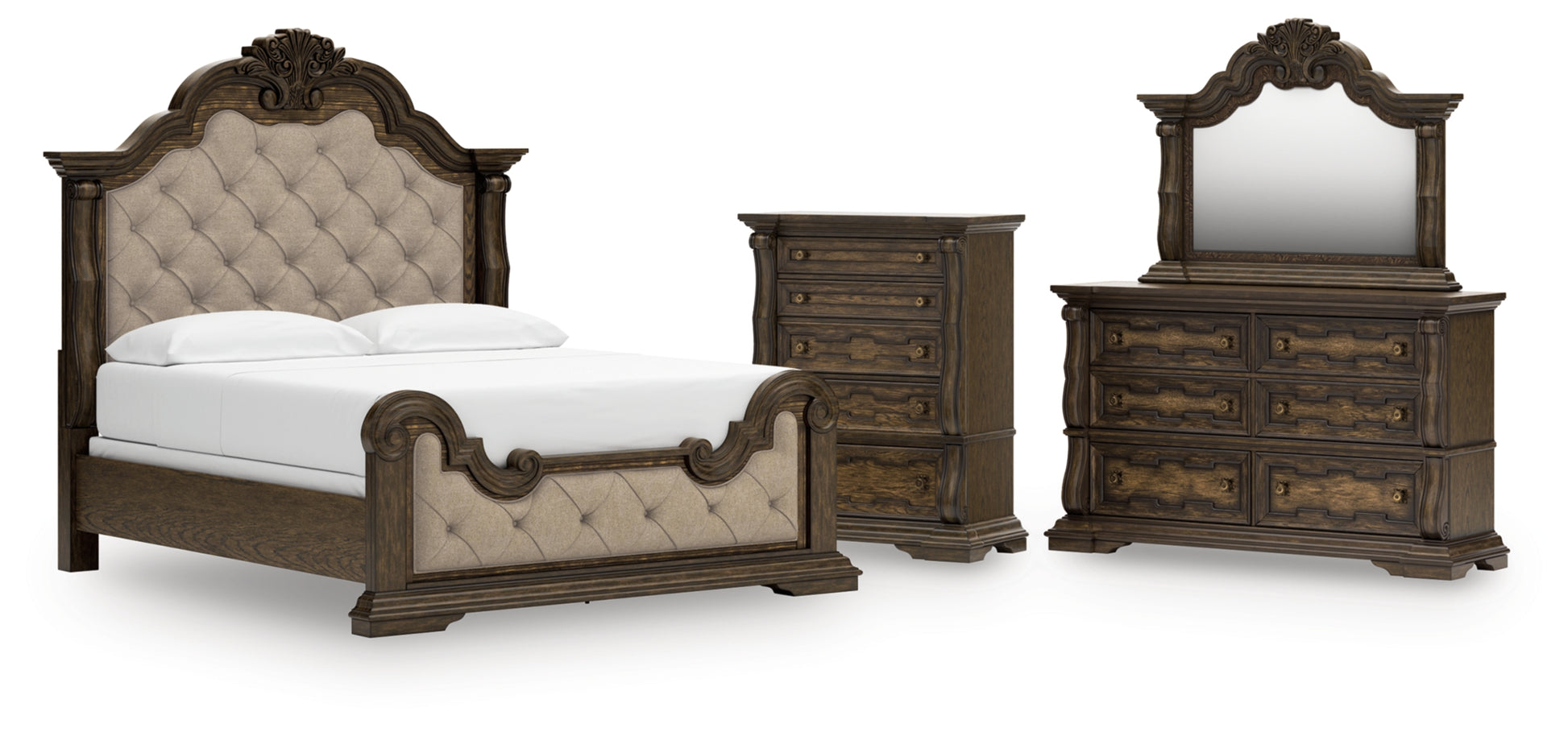 Maylee California King Upholstered Bed, Dresser, Mirror and Chest