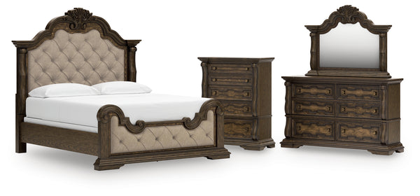 Maylee California King Upholstered Bed, Dresser, Mirror and Chest