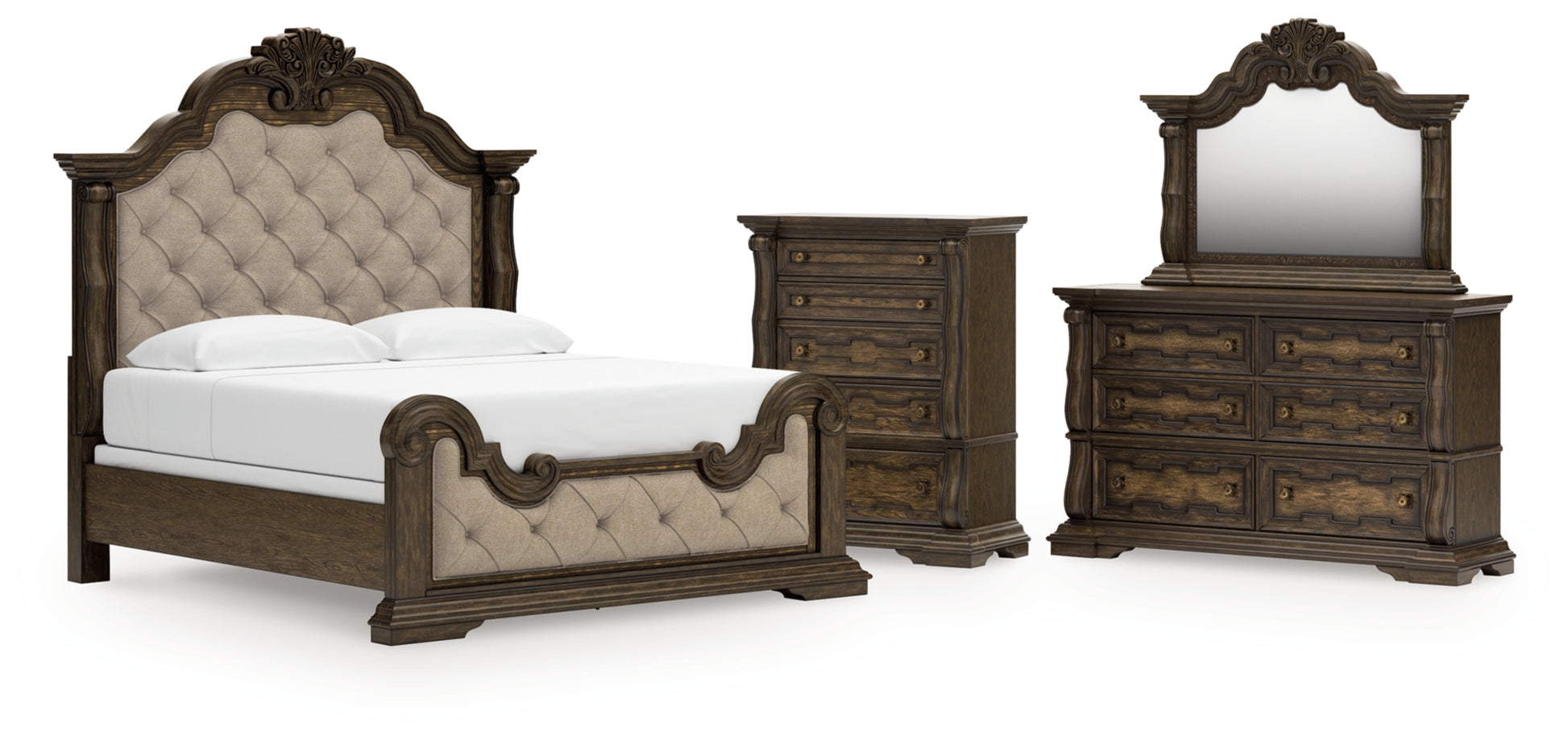 Maylee King Upholstered Bed, Dresser, Mirror and Chest