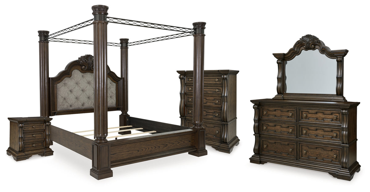 Maylee King Canopy Bed, Dresser, Mirror, Chest and Nightstand