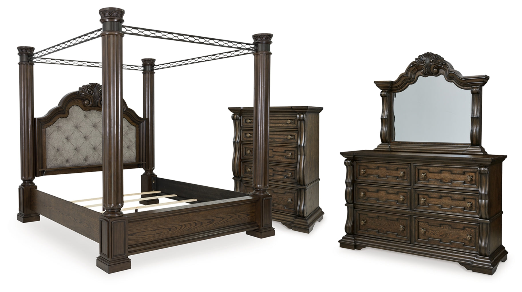 Maylee King Canopy Bed, Dresser, Mirror and Chest