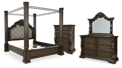 Maylee King Canopy Bed, Dresser, Mirror and Chest