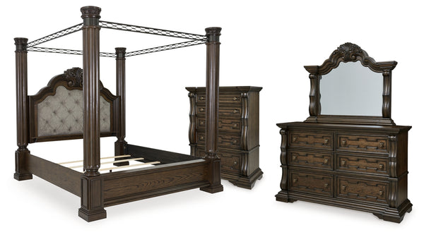 Maylee King Canopy Bed, Dresser, Mirror and Chest
