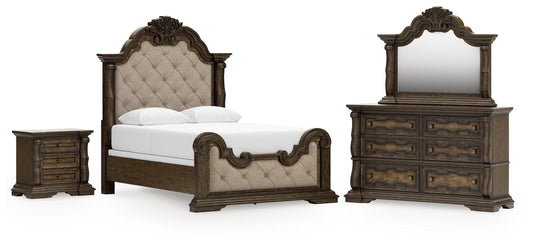 Maylee Queen Upholstered Bed with Mirrored Dresser and Nightstand