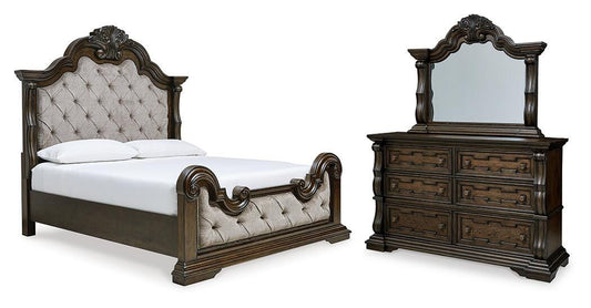 Maylee Queen Upholstered Bed with Mirrored Dresser