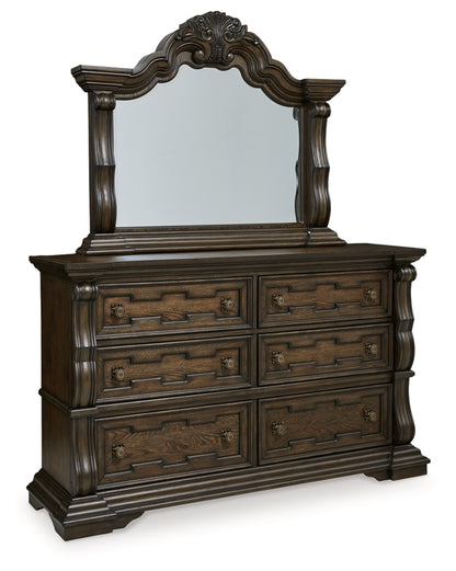 Maylee King Canopy Bed, Dresser, Mirror and Chest
