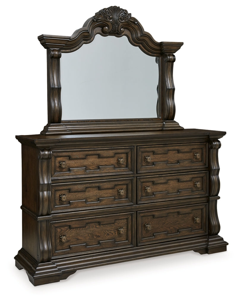 Maylee Queen Upholstered Bed with Mirrored Dresser