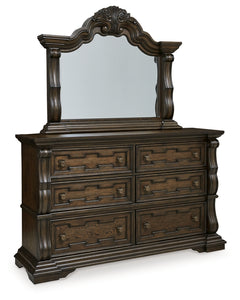 Maylee Queen Upholstered Bed, Dresser, Mirror and Chest