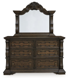 Maylee Queen Upholstered Bed, Dresser, Mirror and Chest