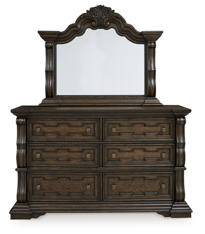 Maylee California King Upholstered Bed, Dresser, Mirror and Chest