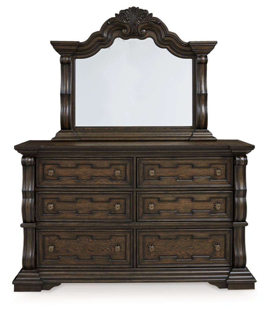 Maylee California King Upholstered Bed, Dresser, Mirror, Chest and Nightstand