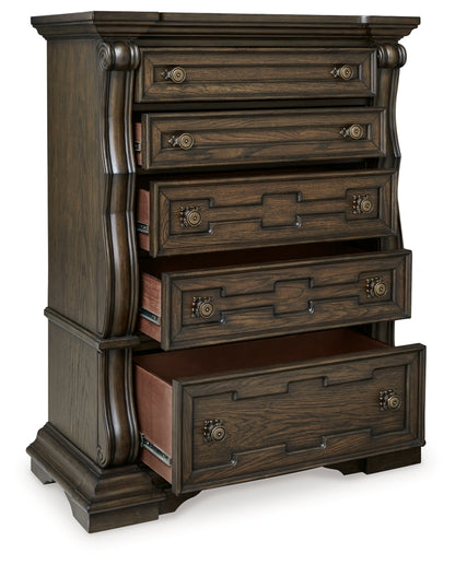 Maylee King Upholstered Bed, Dresser, Mirror and Chest