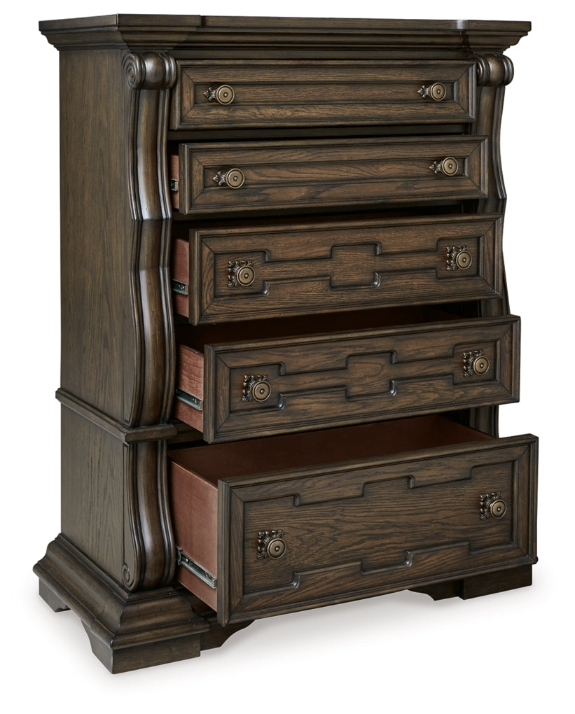 Maylee Queen Upholstered Bed, Dresser, Mirror and Chest