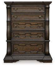 Maylee California King Upholstered Bed, Dresser, Mirror and Chest