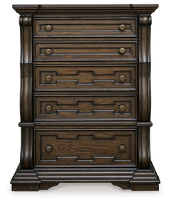 Maylee Queen Upholstered Bed, Dresser, Mirror and Chest