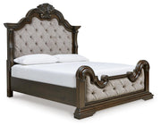 Maylee California King Upholstered Bed with Mirrored Dresser and Nightstand
