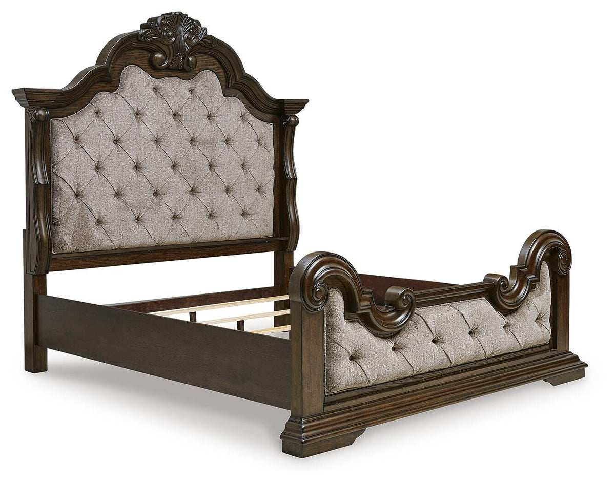 Maylee King Upholstered Bed, Dresser, Mirror, Chest and Nightstand