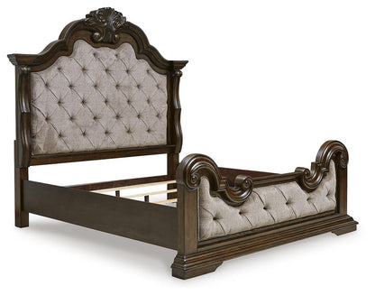 Maylee King Upholstered Bed, Dresser, Mirror, Chest and Nightstand