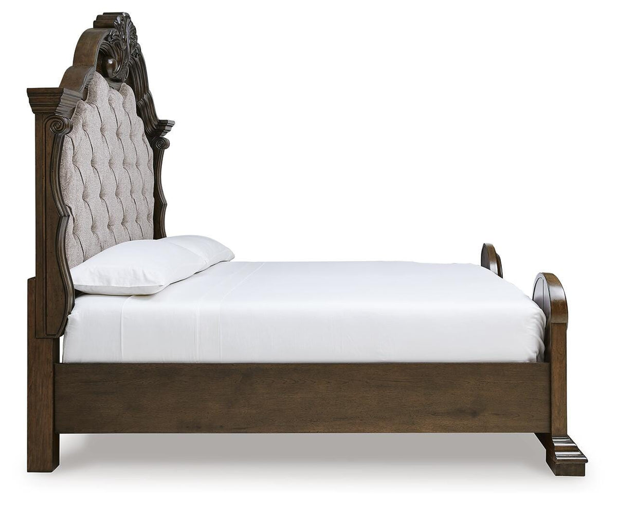 Maylee California King Upholstered Bed with Mirrored Dresser and Nightstand