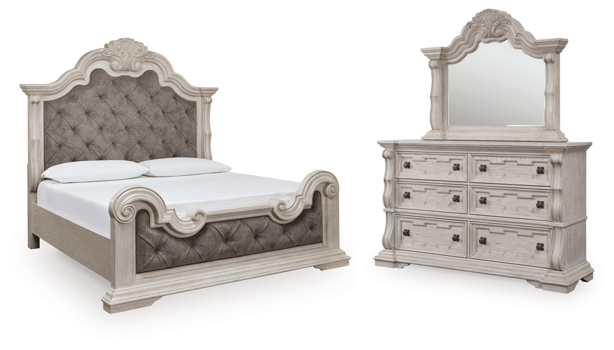 Bruchandi California King Upholstered Panel Bed with Mirrored Dresser