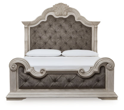 Bruchandi King Upholstered Panel Bed with Mirrored Dresser and Nightstand