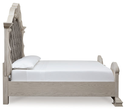 Bruchandi King Upholstered Panel Bed with Mirrored Dresser and Nightstand