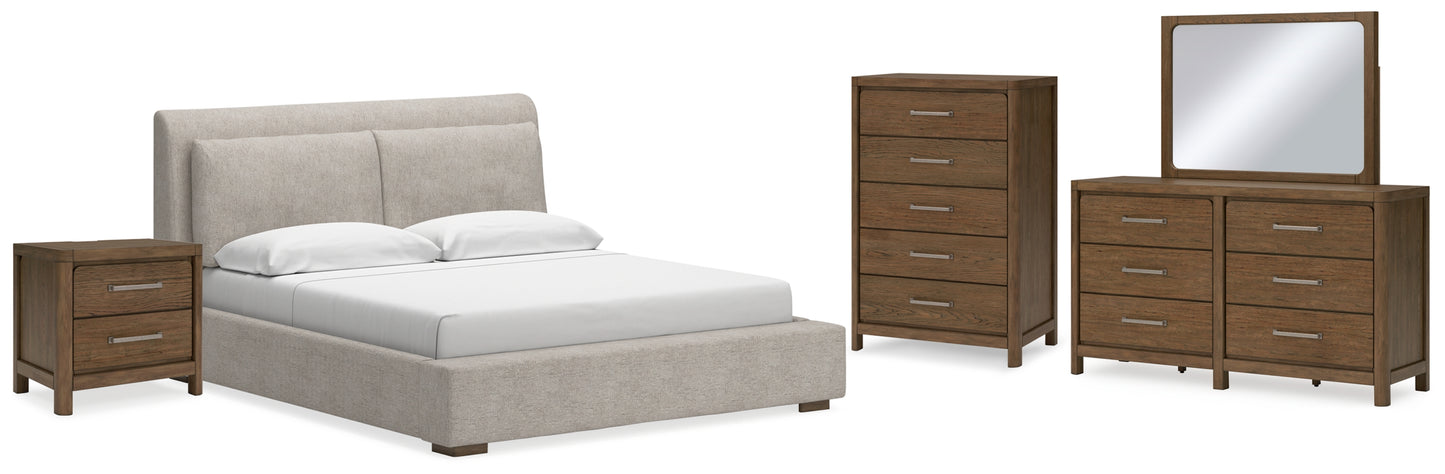Cabalynn King Upholstered Bed with Mirrored Dresser, Chest and Nightstand