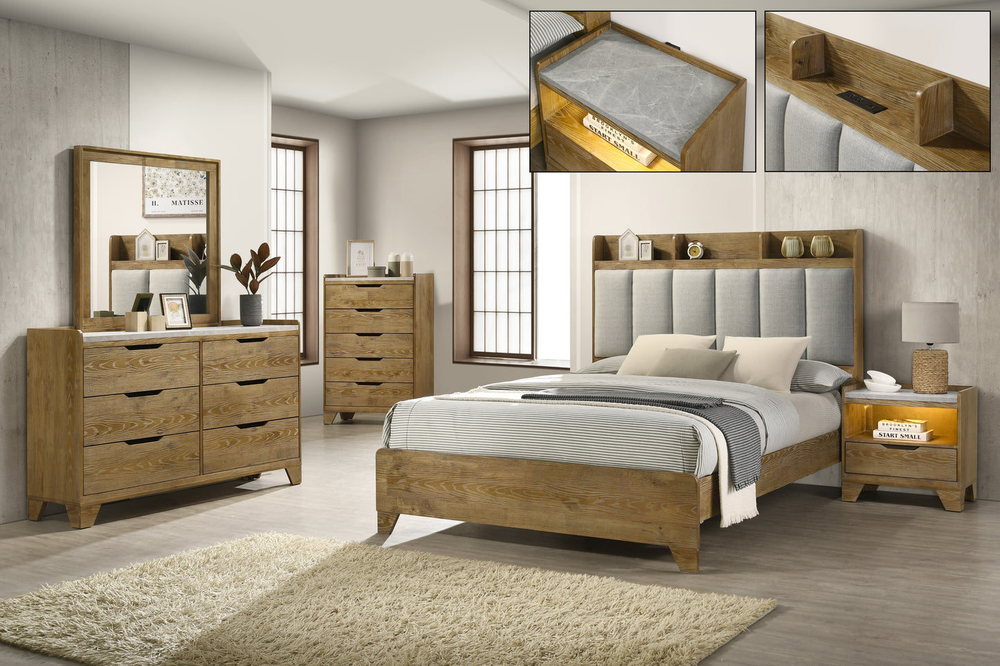 Garcia Upholstered Eastern King Bed with USB and Multi-Compartment Headboard