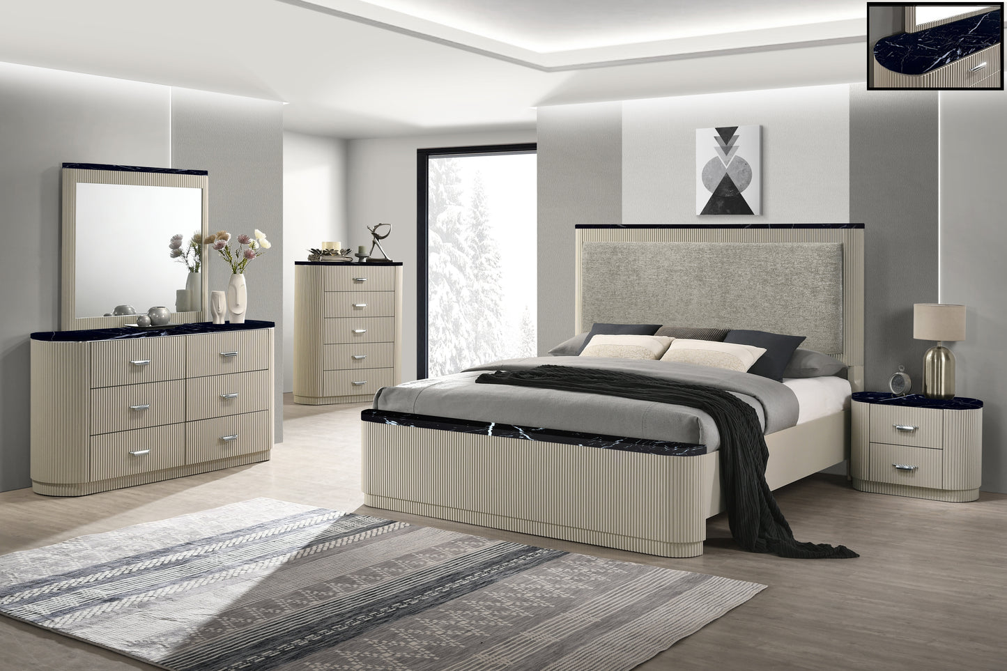 Travonte Linen Upholstered Eastern King Bed with Vertical Pattern Design