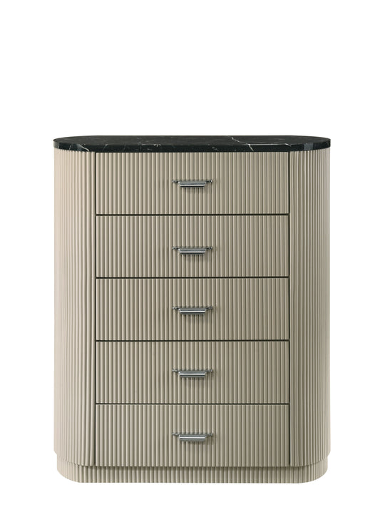 Travonte 5 - Drawer Oval Chest with Marble Print Top