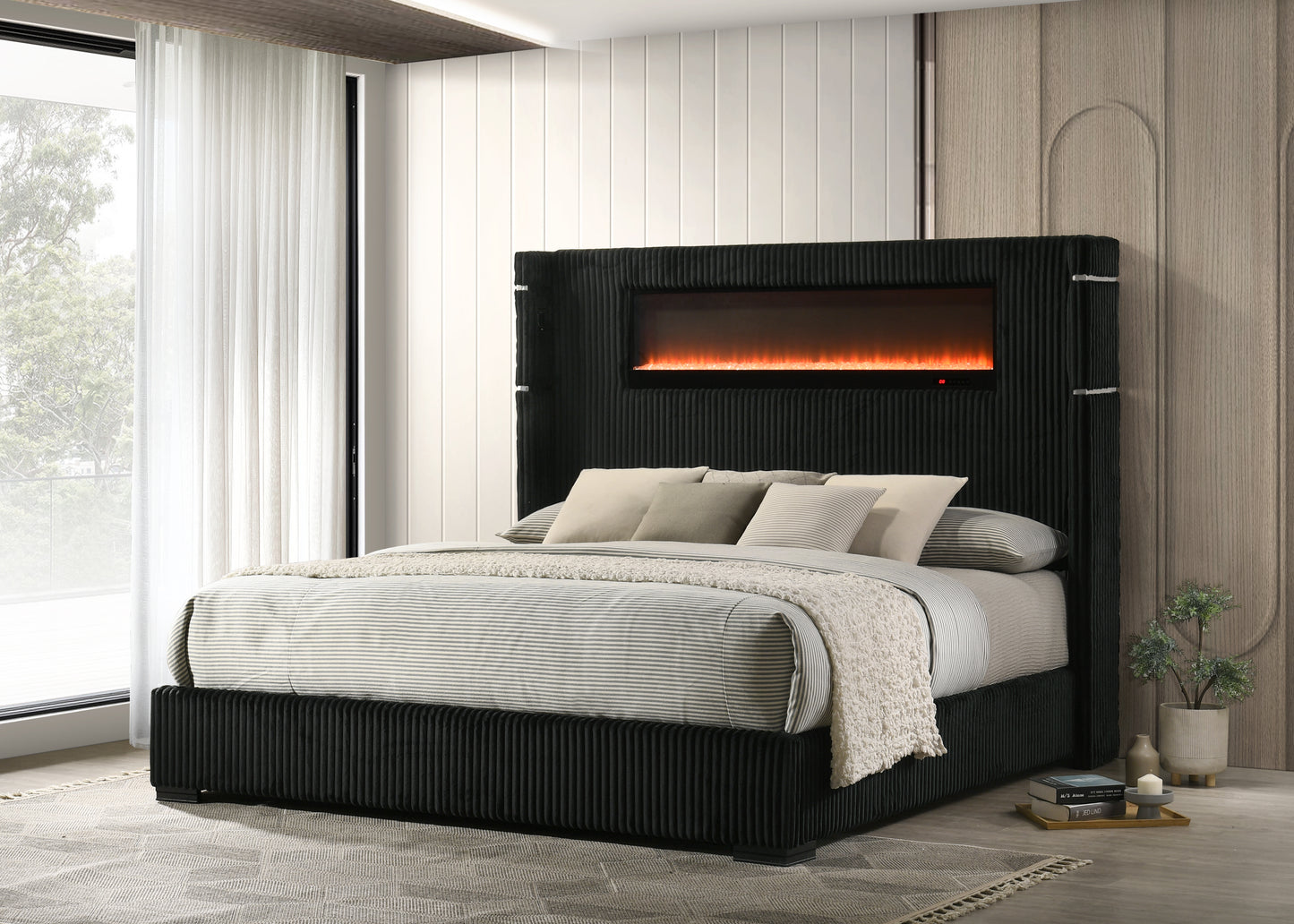 Garner EK Bed with Fireplace, LED, Reading Light, Speaker, Bluetooth & USB