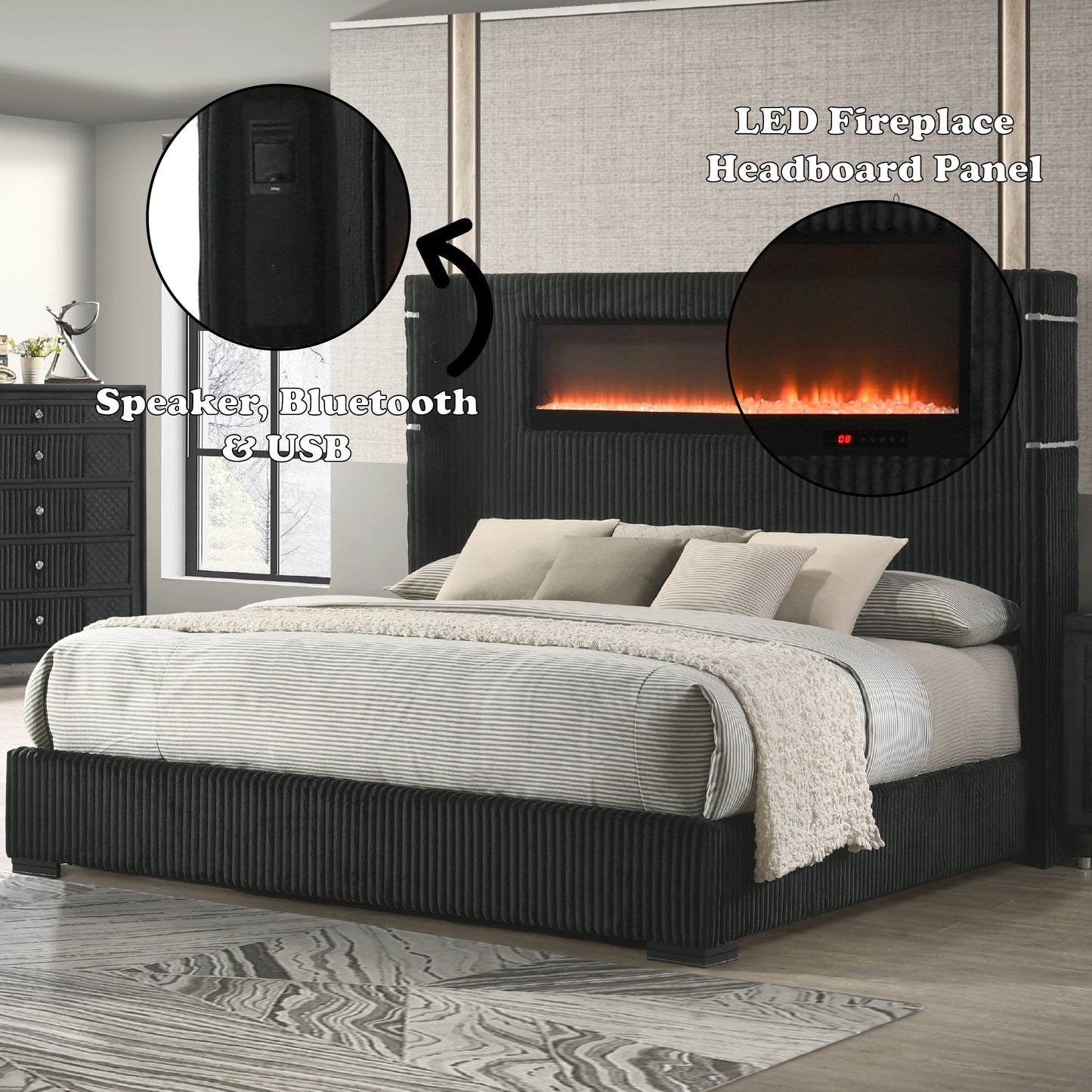 Garner Queen Bed with Fireplace, LED, Reading Light, Speaker, Bluetooth & USB