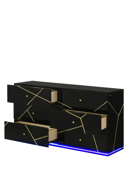 Esther 6 Drawer Dresser in Black with LED Lighting