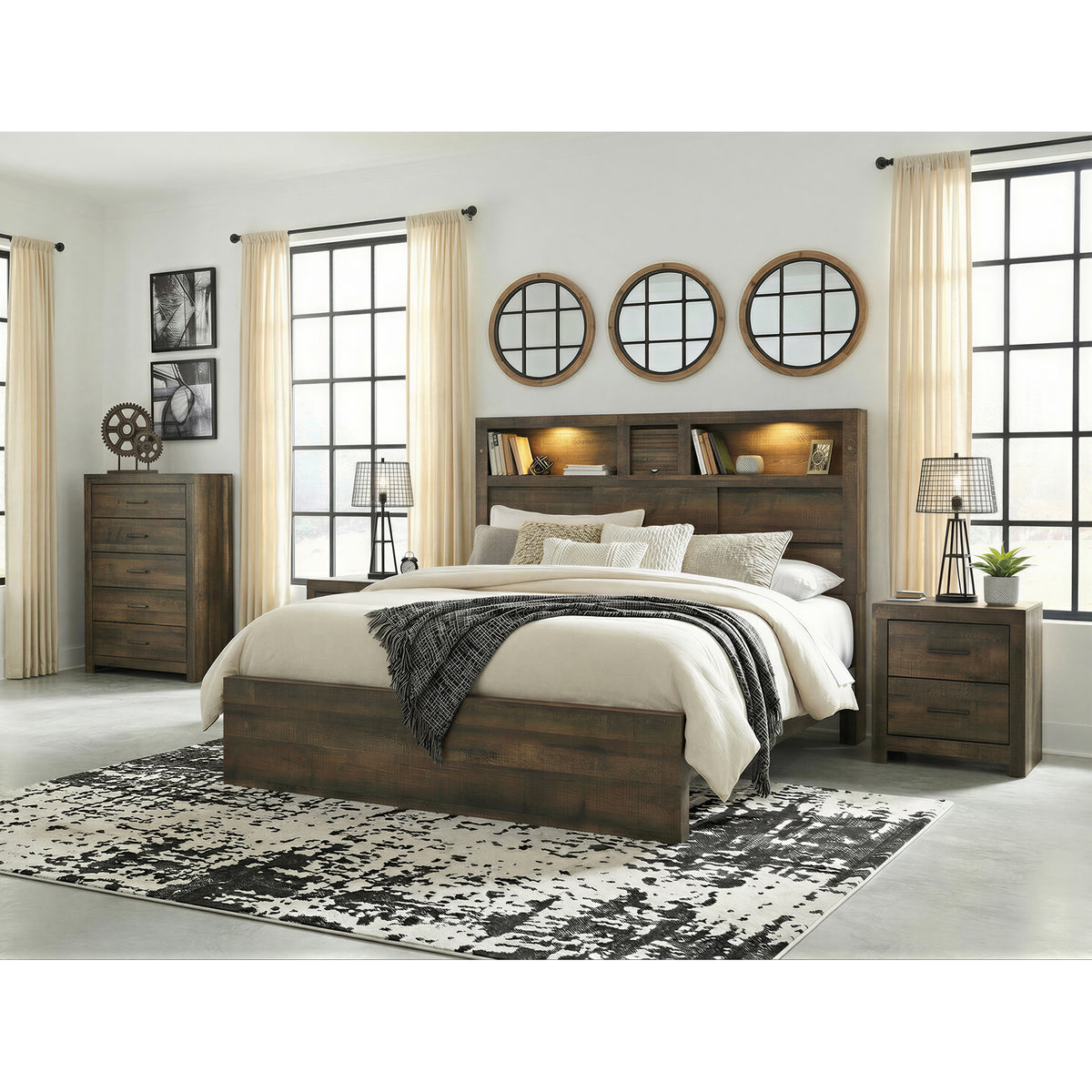 Bailey Queen Bookcase Panel 4PC Bedroom Set with 2 Nightstands & Chest