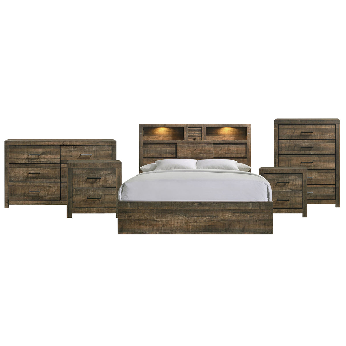 Bailey King Bookcase Panel 5PC Bedroom Set with 2 Nightstands, Dresser & Chest